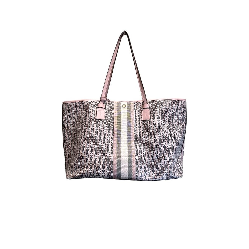 Tory Burch Pink Leather Tote Bag With Canvas Interior And Snap Closure